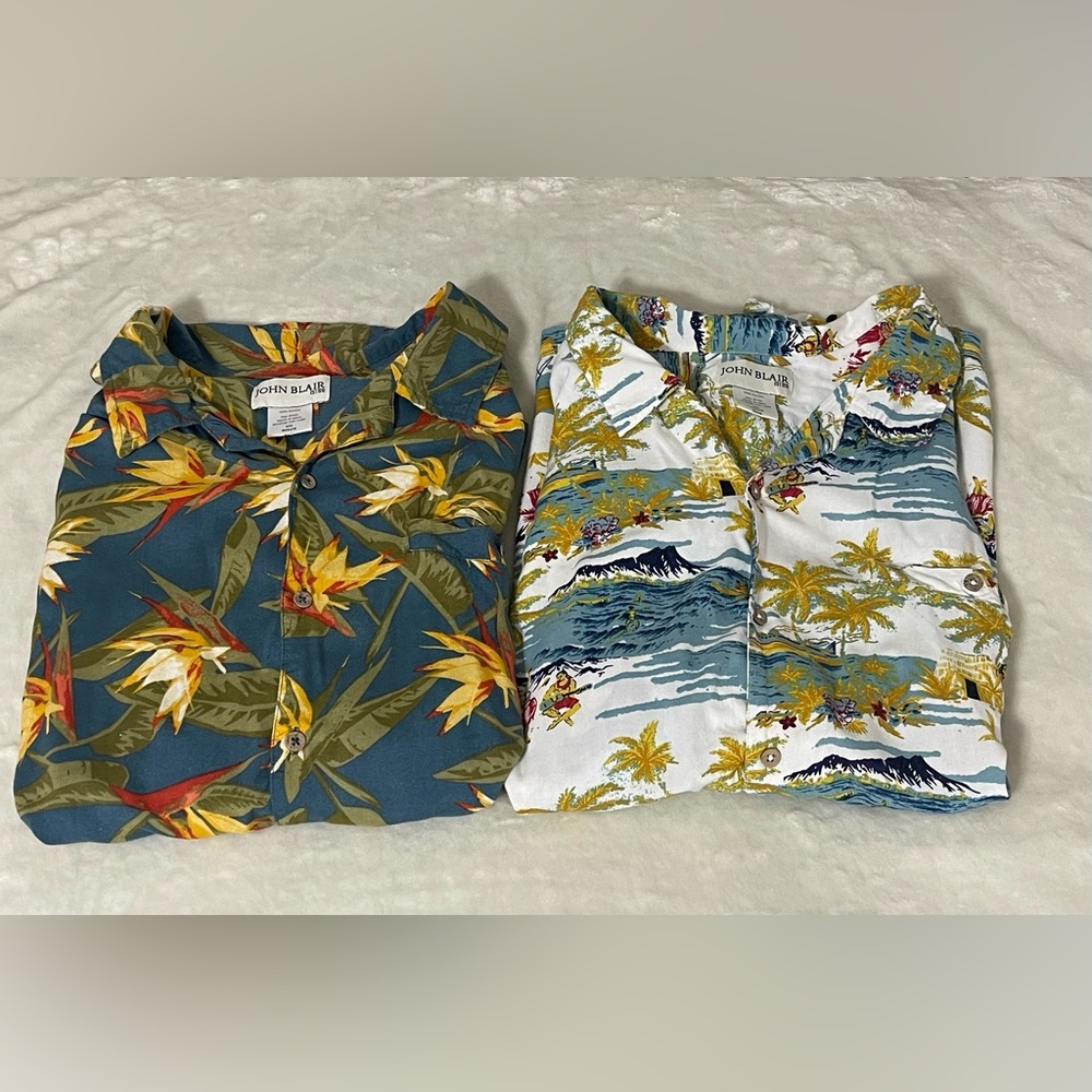 2 VTG John Blair Shirt Men's 2XL Rayon Beach Tropical Floral Resort Pocket 90's